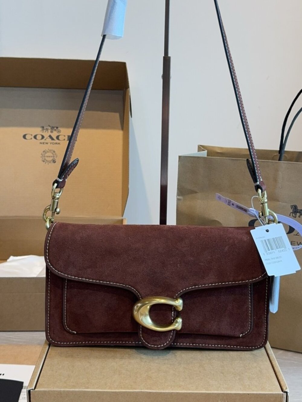 Coach Tabby Baguette Dark Brown Suede Shoulder Bag